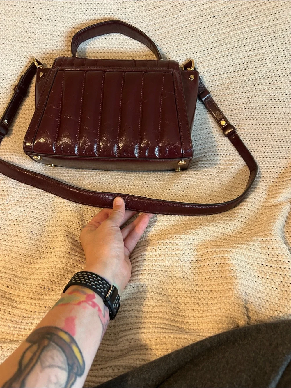 Michael Kors Quilted Patent Satchel in Deep Burgundy
